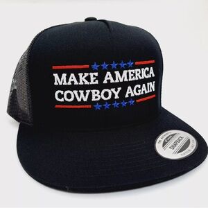 Make America Cowboy Again Flat Bill Trucker Mesh Snapback Cap Hat Black &…